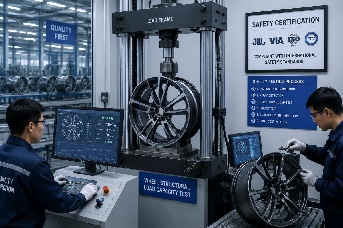 Alloy wheel safety certification and quality testing process A factory quality inspection station showing technicians testing wheel structural load capacity with professional equipment
