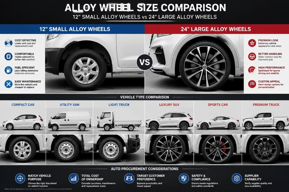 Side-by-side comparison of 12" small alloy wheels and 24" large alloy wheels mounted on different vehicle types