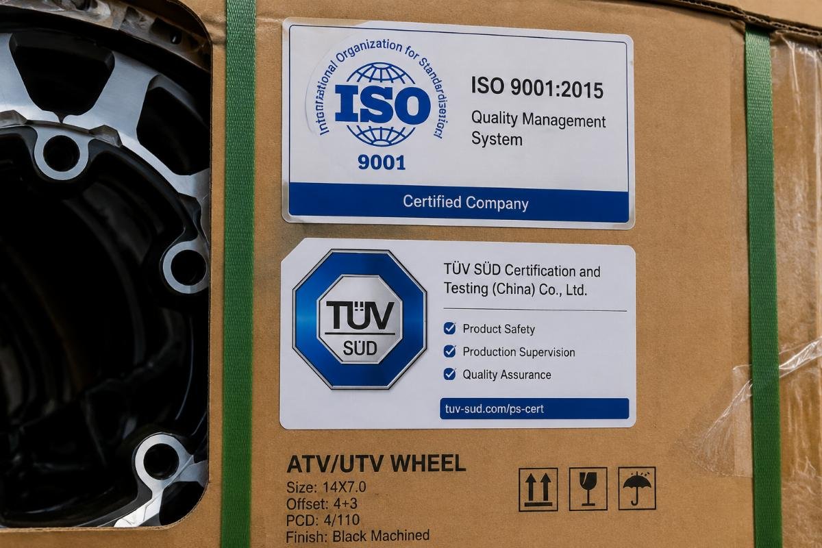 Close-up of ISO and TüV certification labels attached to ATV wheel packaging