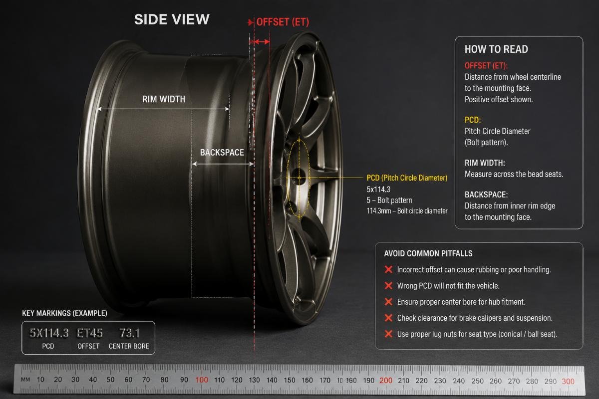 Side view of a sports coupe rim showing offset and PCD marking details against a ruler for reference