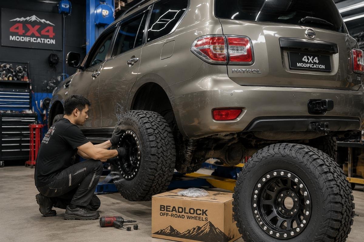 Beadlock off-road wheels for 4x4 modification A technician installing a set of off-road wheels on a Nissan Patrol in a modification shop
