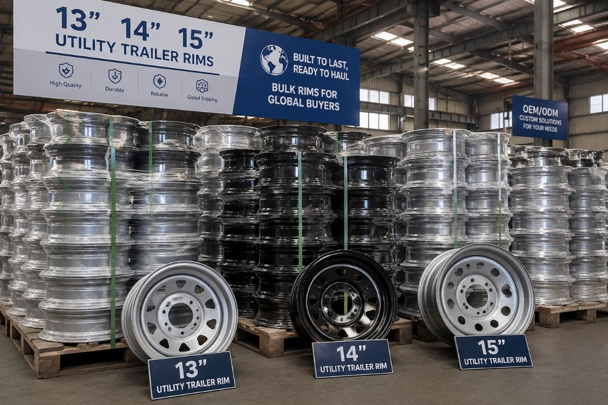 13, 14 and 15 inch utility trailer rims stacked in a factory warehouse ready for bulk shipping