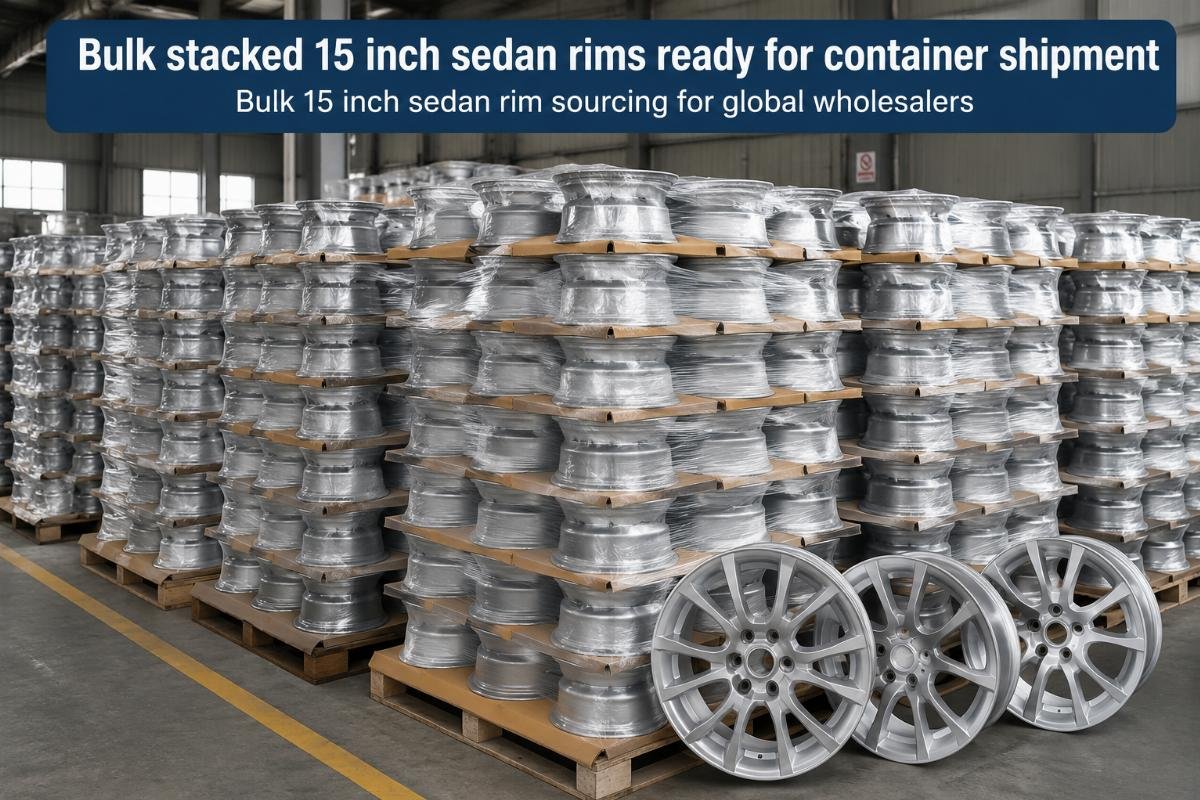 Bulk 15 inch sedan rim sourcing for global wholesalers Bulk stacked 15 inch sedan rims ready for container shipment