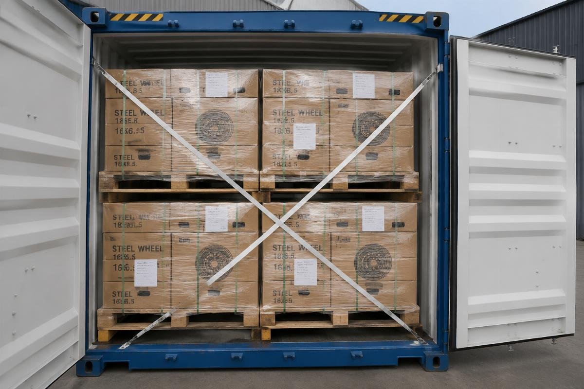 A full container of 16-inch steel van wheels ready for shipment to a Middle East distributor