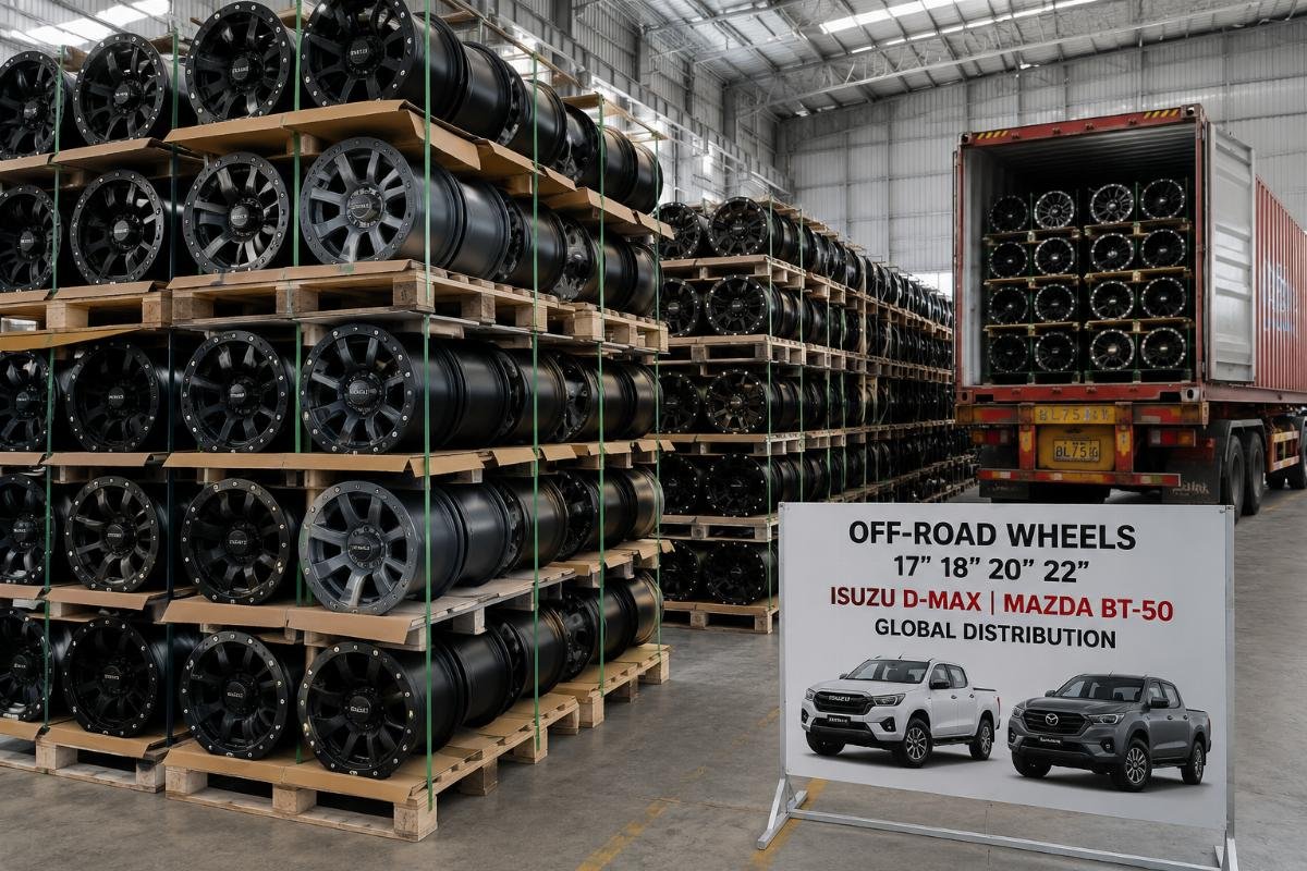 Bulk Isuzu D-Max and Mazda BT-50 wheel stock for global distribution Bulk stacked 17-22 inch off-road wheels in factory warehouse ready for container shipment