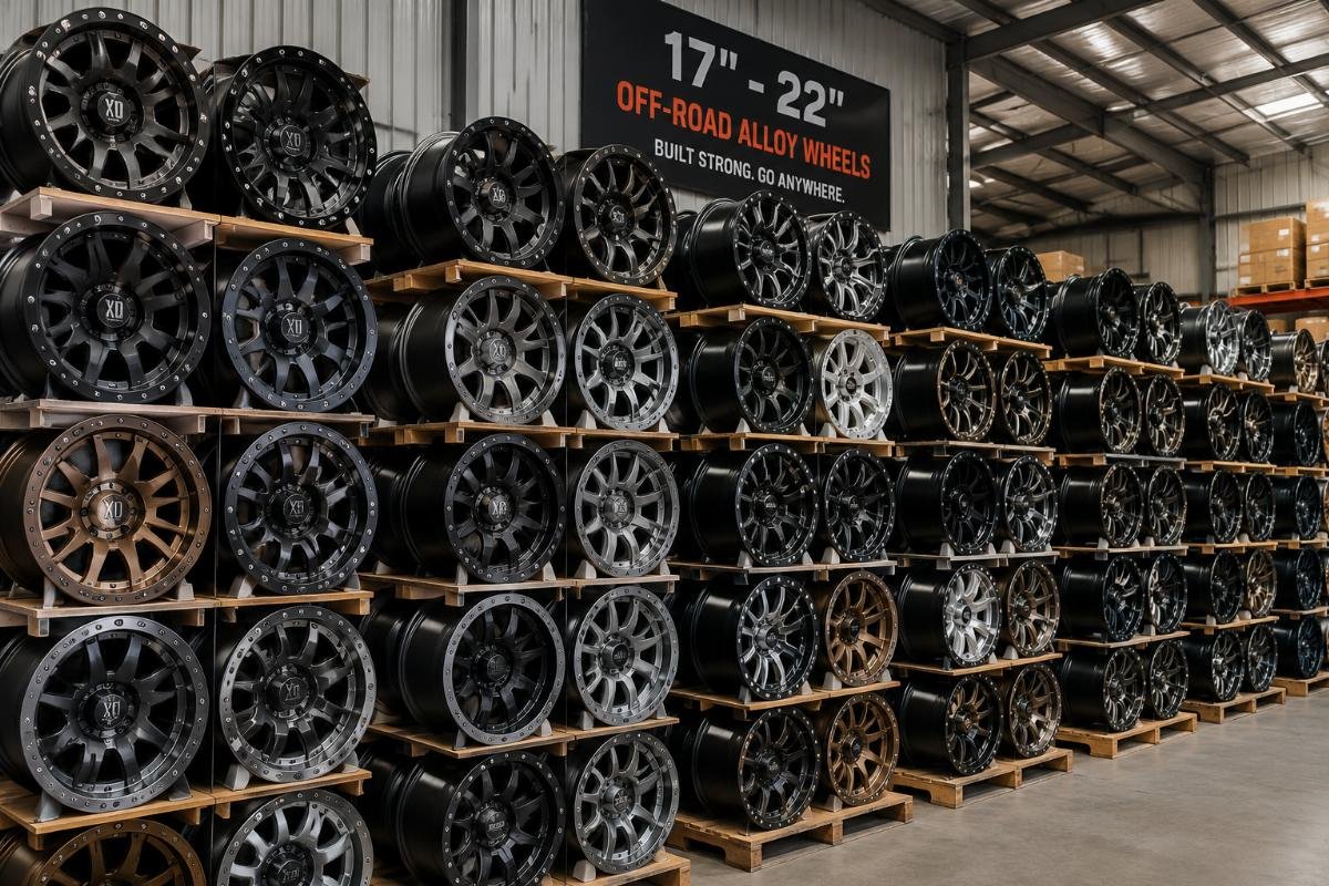 Stacked inventory of 17" to 22" heavy duty off-road alloy wheels in a factory warehouse