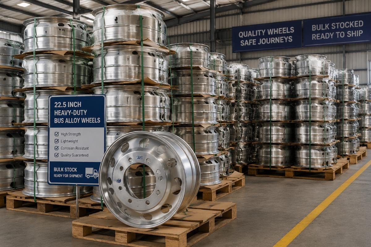 Bulk stocked 22.5 inch commercial wheels ready for shipping Bulk stacked 22.5 inch heavy-duty bus alloy wheels in warehouse