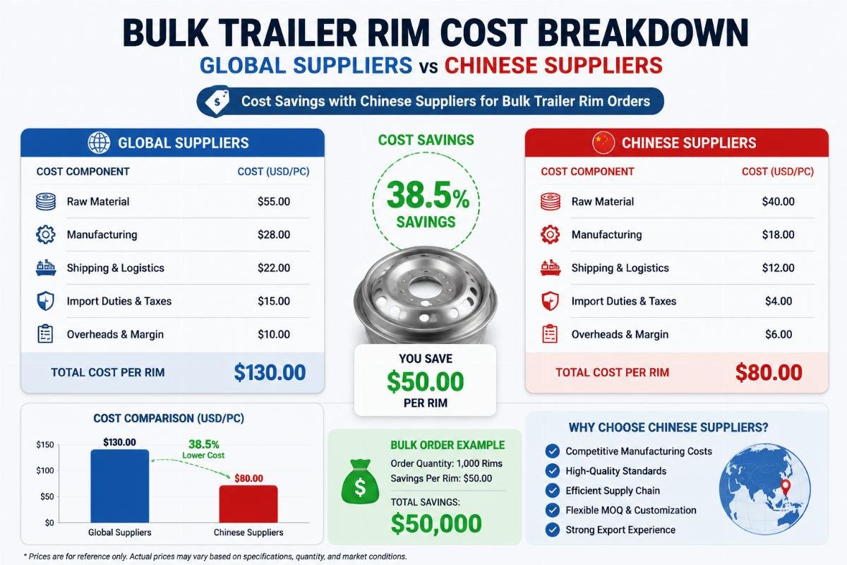bulk trailer rim cost savings comparison Cost breakdown infographic comparing bulk trailer rim pricing from global and Chinese suppliers
