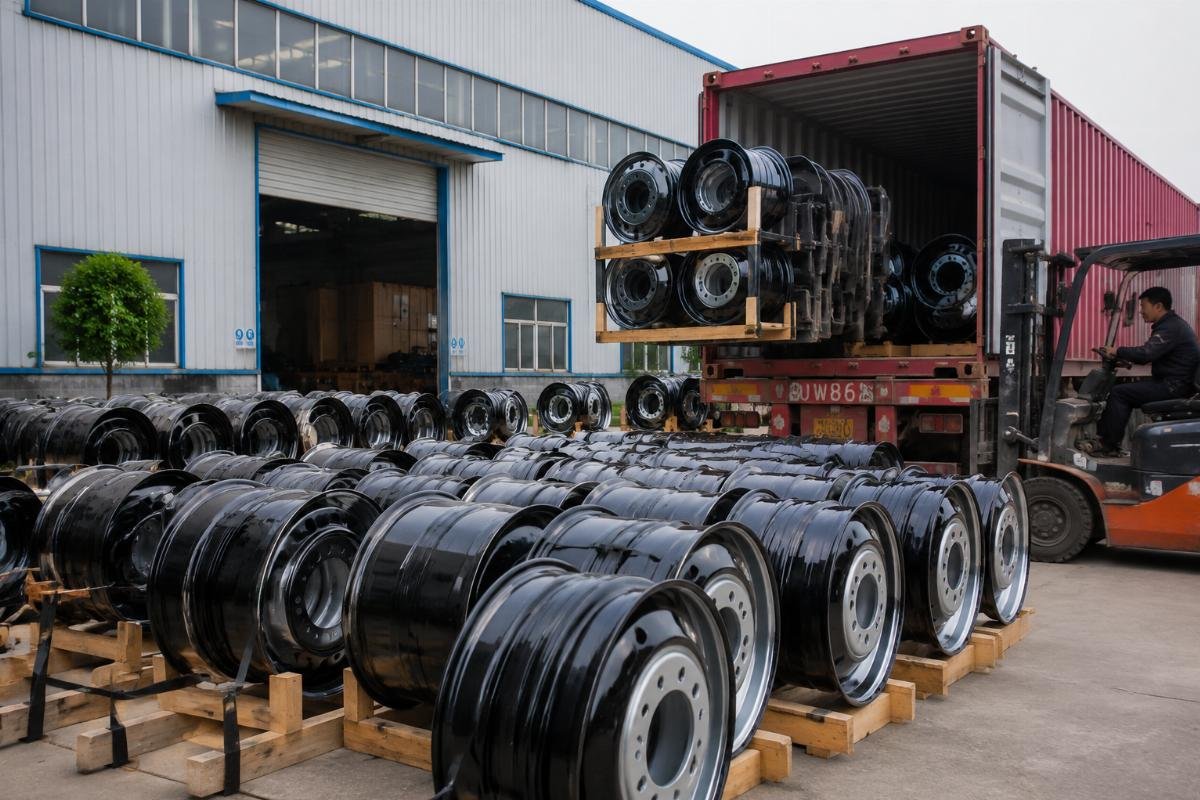 Bulk truck wheel procurement from China suppliers Bulk shipment of heavy duty truck wheels ready for container loading at a China manufacturing facility