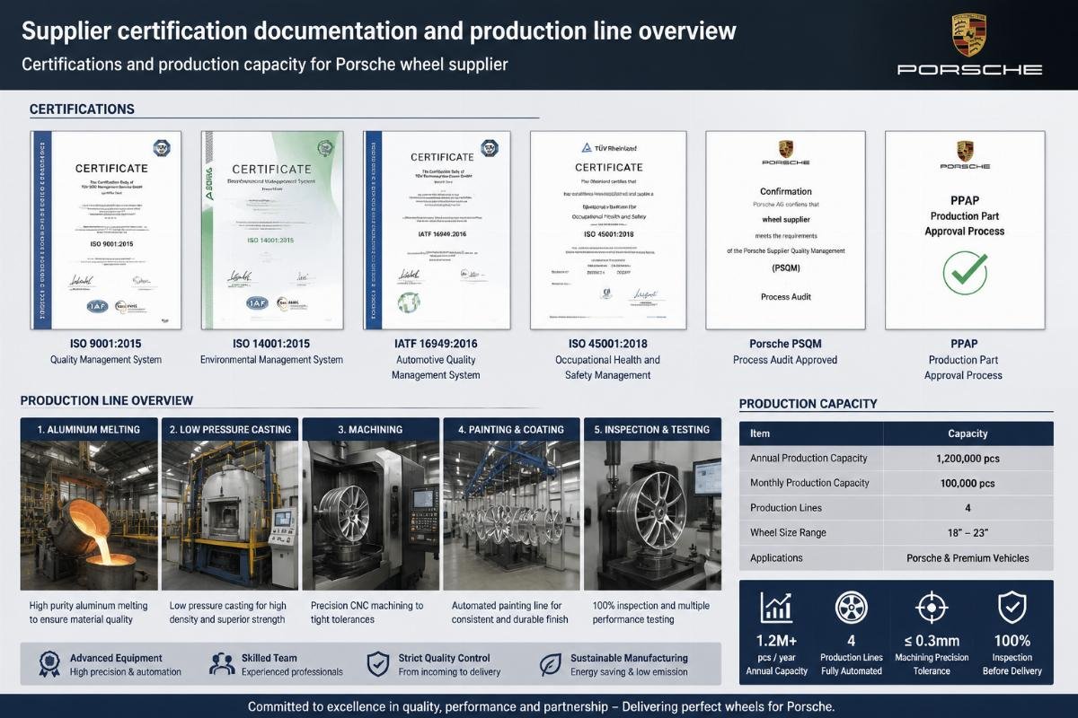 Certifications and production capacity for Porsche wheel supplier Supplier certification documentation and production line overview