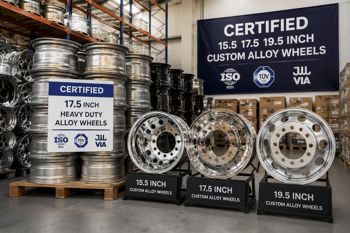 Stack of certified 17.5 inch heavy duty alloy wheels arranged in a warehouse