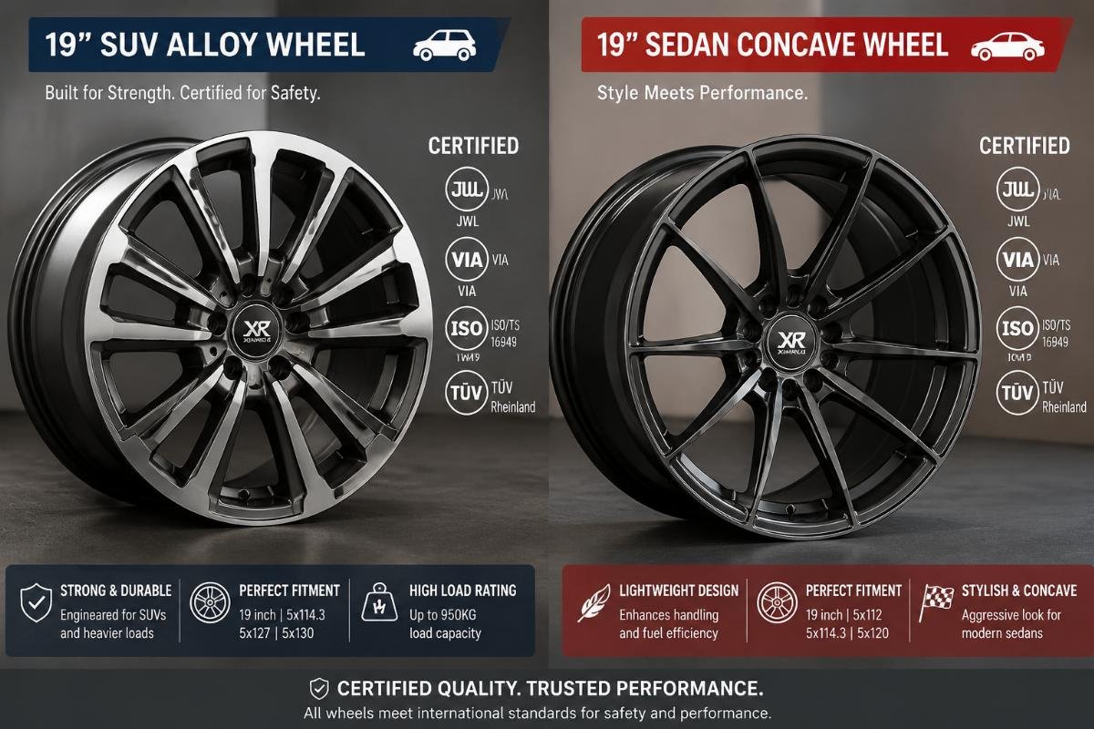 Side-by-side shot of a certified 19 inch SUV alloy wheel and a 19 inch sedan concave wheel with certification labels visible