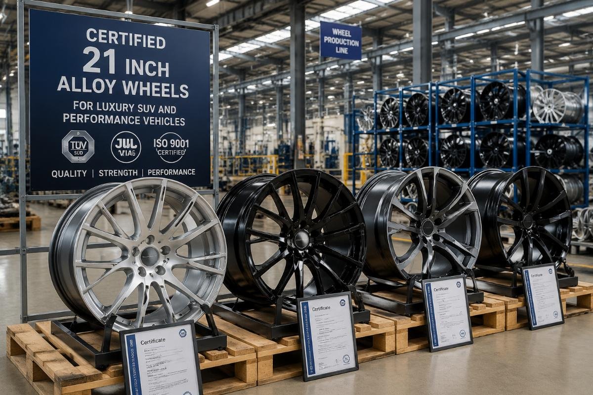 Certified 21 inch alloy wheels for luxury SUV and performance vehicles displayed in a factory warehouse