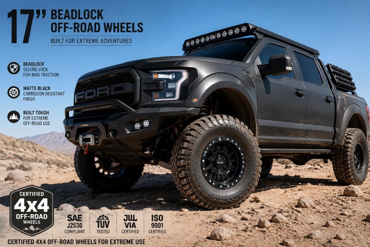 A set of matte black 17 inch beadlock off-road wheels mounted on a lifted 4x4 truck in desert terrain