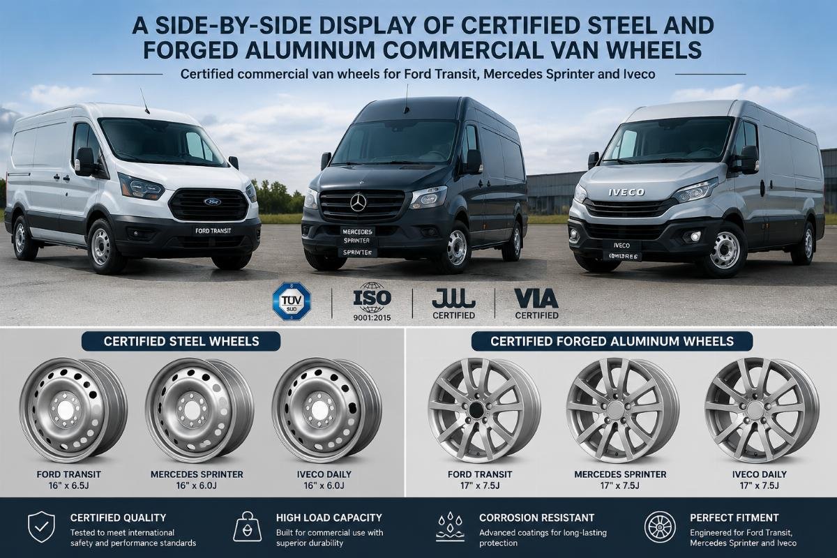A side-by-side display of certified steel and forged aluminum commercial van wheels fitted to Ford Transit, Mercedes Sprinter and Iveco test vehicles