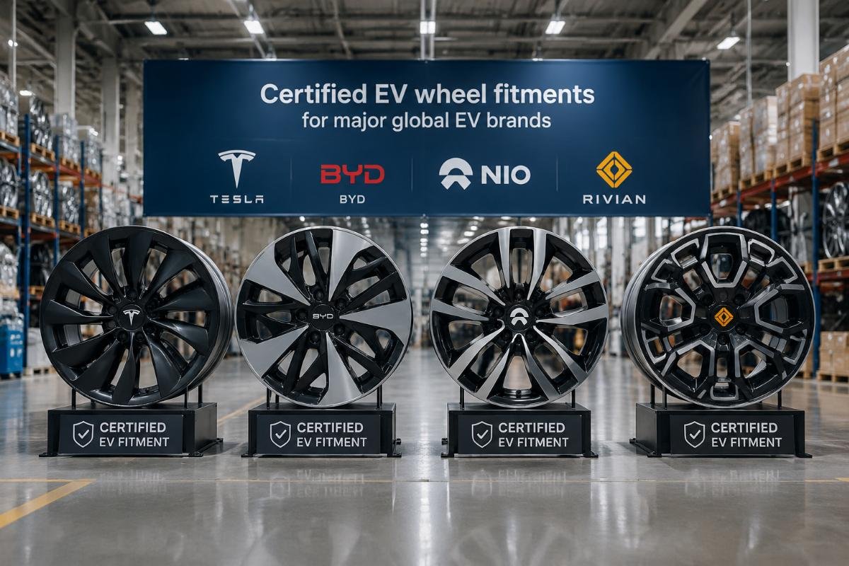 Certified EV wheel fitments for Tesla, BYD, Nio and Rivian lined up in a factory warehouse