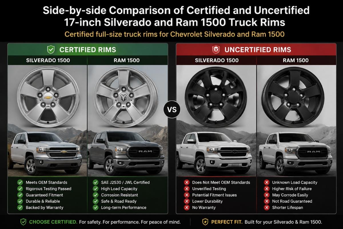 Side-by-side comparison of certified and uncertified 17-inch Silverado and Ram 1500 truck rims