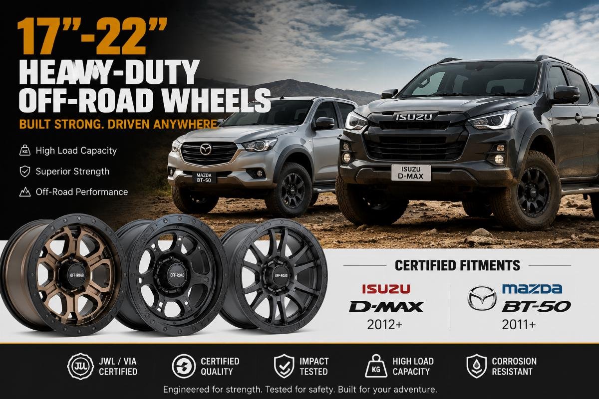Certified Isuzu D-Max and Mazda BT-50 truck wheel fitments 17-22 inch heavy-duty off-road wheels fitted to Isuzu D-Max and Mazda BT-50 pickup trucks