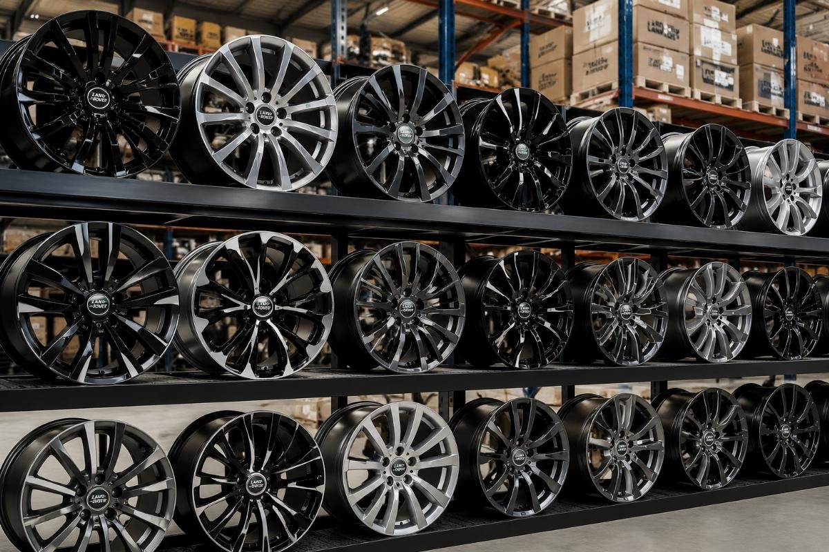 A range of finished Land Rover Range Rover alloy wheels in OEM replica and custom designs arranged on a factory warehouse shelf