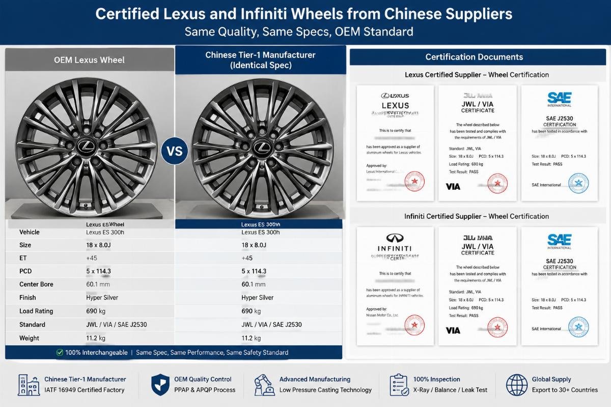 A side-by-side comparison of a factory OEM Lexus wheel and an identical spec wheel from a Chinese tier-1 manufacturer, with certification documents laid out alongside