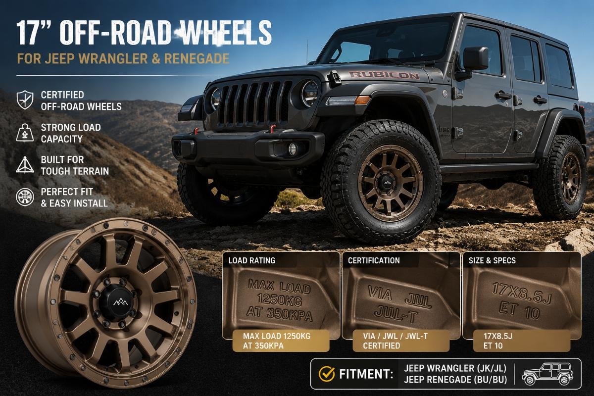 A set of bronze finished 17-inch off-road wheels mounted on a Jeep Wrangler, with clear load rating and certification markings visible