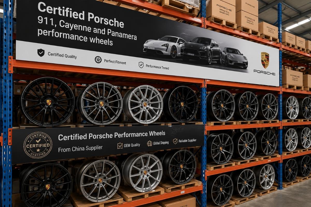 Certified Porsche performance wheels from China supplier Certified Porsche 911, Cayenne and Panamera performance wheels on warehouse shelf