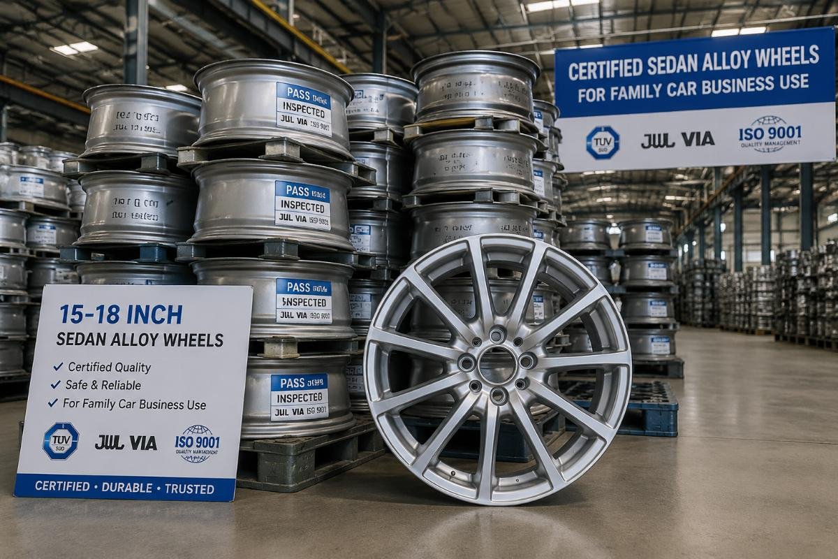 A batch of 15-18 inch sedan alloy wheels stacked in a factory warehouse, marked with certification stamps