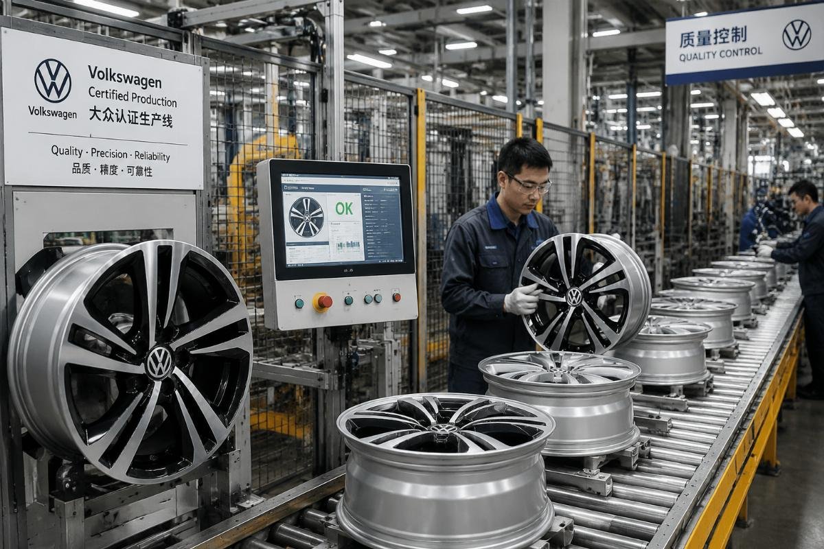 Production line of certified VW alloy wheels in a Chinese manufacturing facility