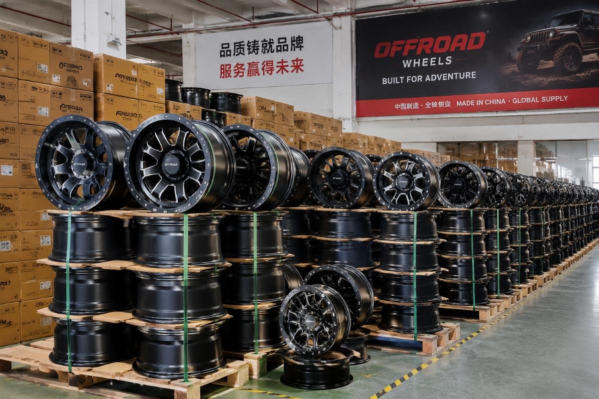 China off-road wheel supplier inventory A stack of finished off-road wheels in a factory warehouse, ready for shipping