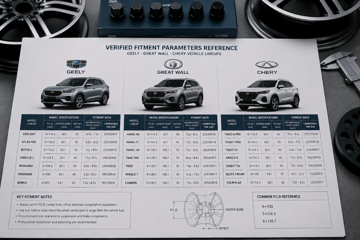 Verified fitment parameter reference for Geely, Great Wall and Chery vehicle lineups