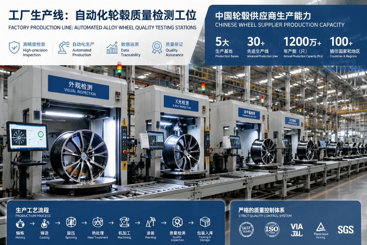 Factory production line showing automated alloy wheel quality testing stations