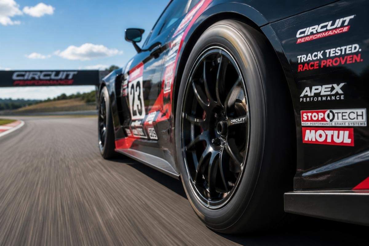 Circuit racing wheels mounted on a race car during a track session