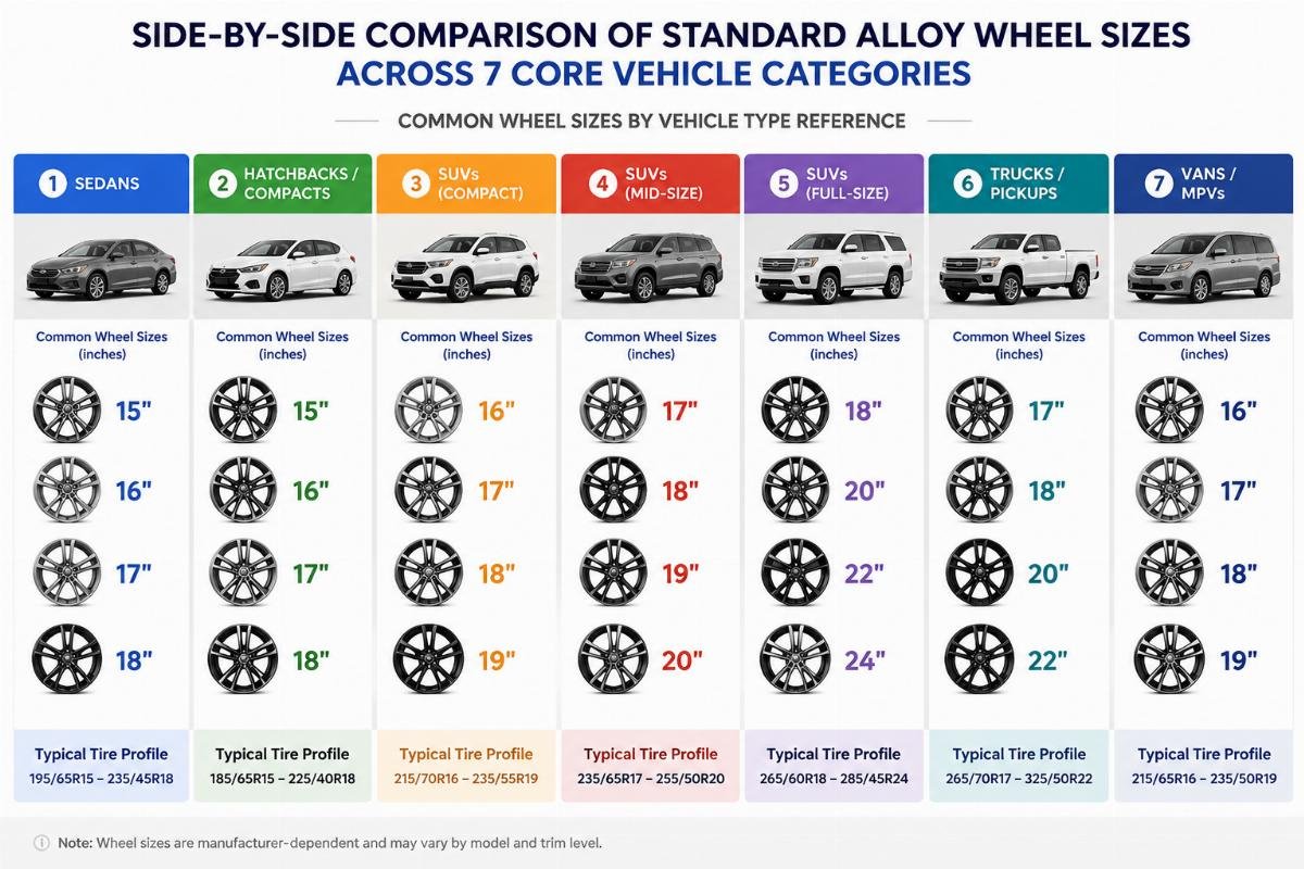 Side-by-side comparison of standard alloy wheel sizes across 7 core vehicle categories with size labels