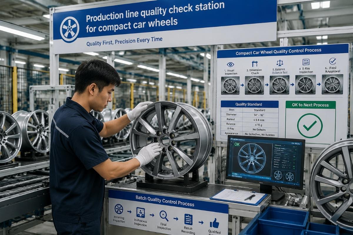 Production line quality check station for compact car wheels