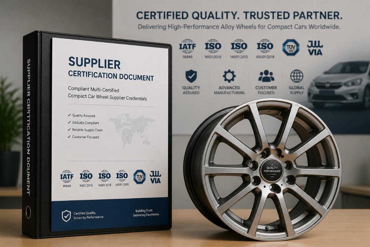 Supplier certification document binder next to a sample alloy wheel