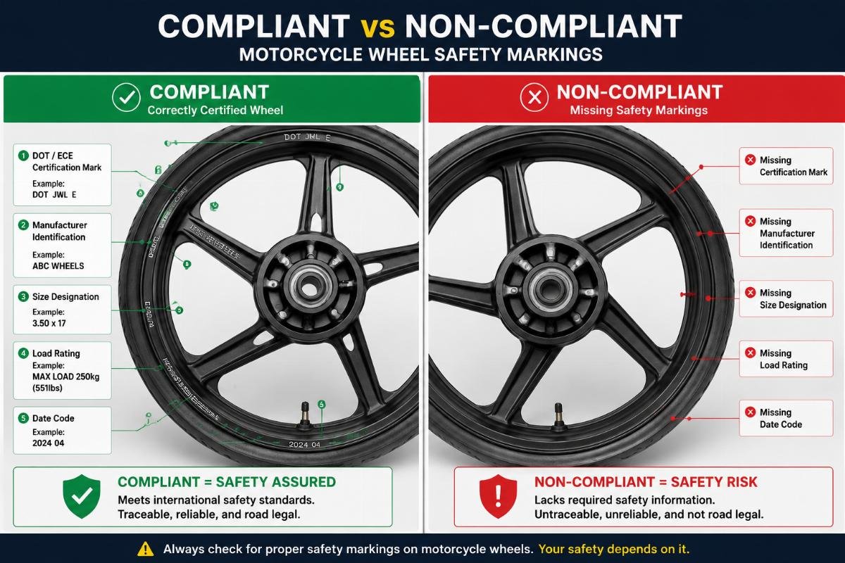 Side-by-side comparison of a correctly certified motorcycle alloy wheel and a non-compliant unit with missing safety markings
