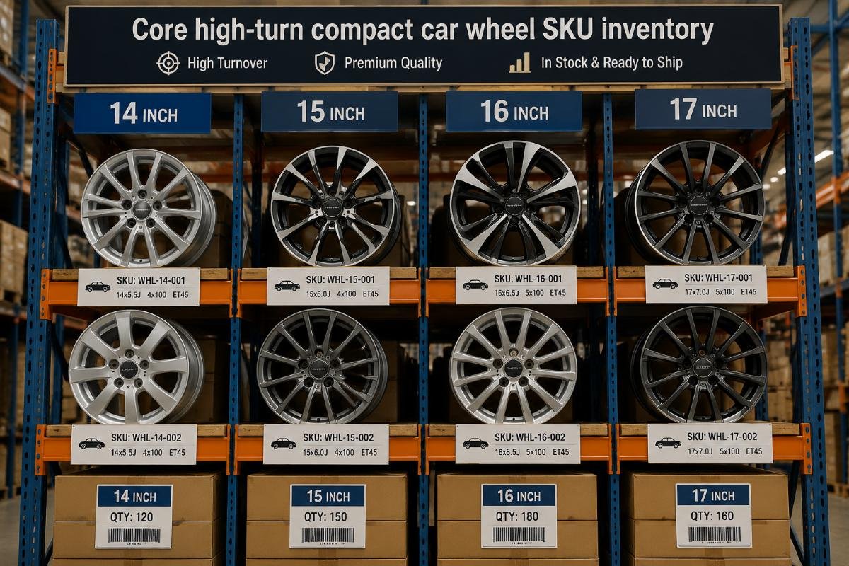 Warehouse shelf showing labeled 14, 15, 16, 17 inch compact car wheel SKUs