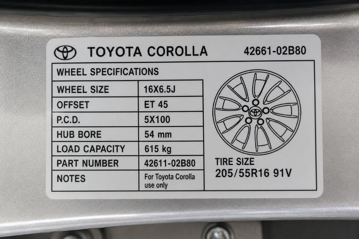 Toyota Corolla OEM wheel specification label close-up