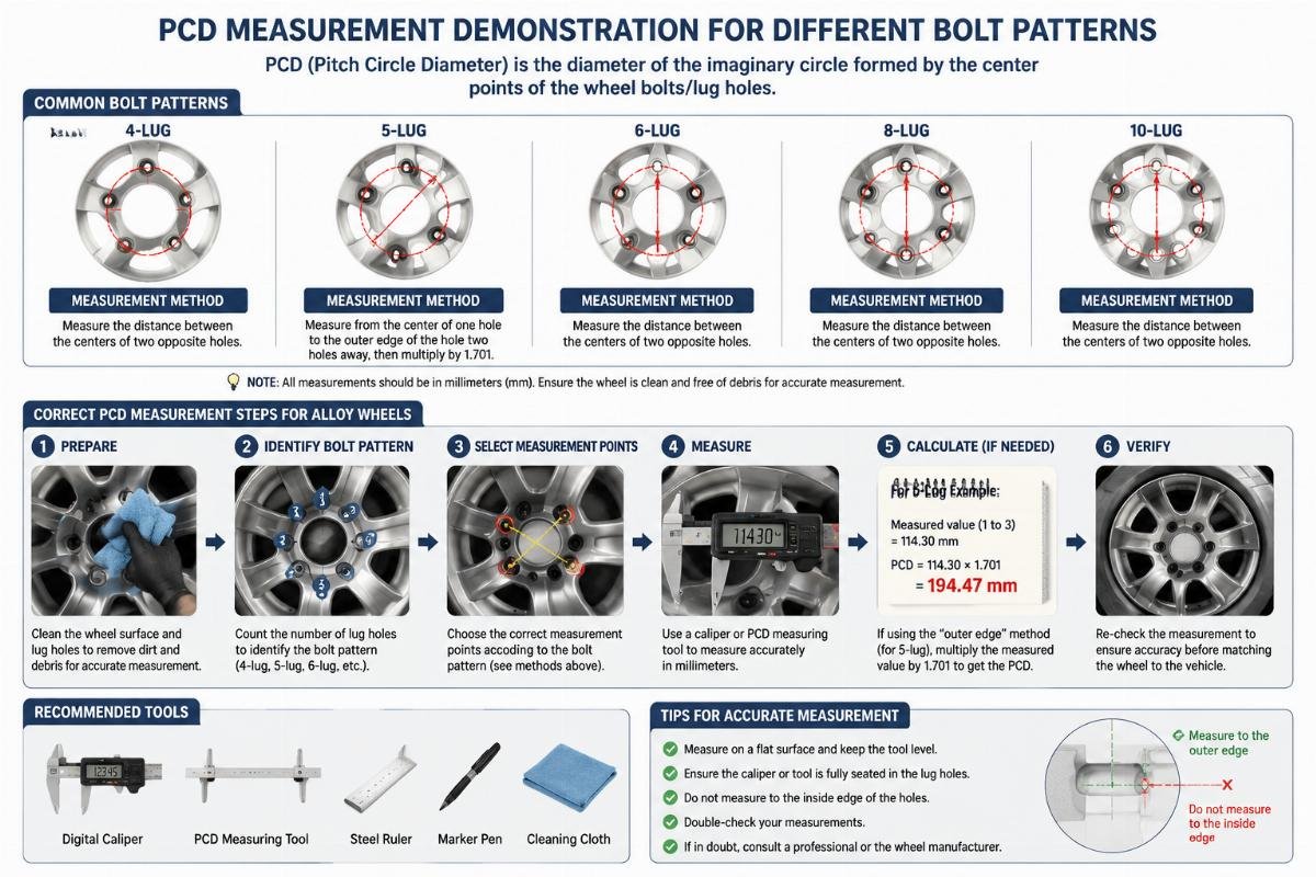 PCD measurement demonstration for different bolt patterns