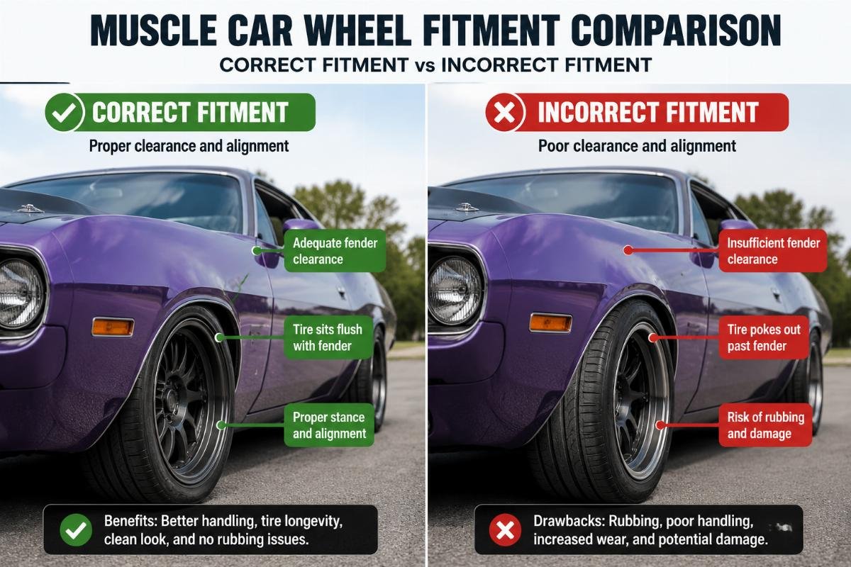 Correct vs incorrect muscle car wheel fitment comparison Side by side comparison of correctly fitted and incorrectly fitted muscle car wheels showing fender clearance