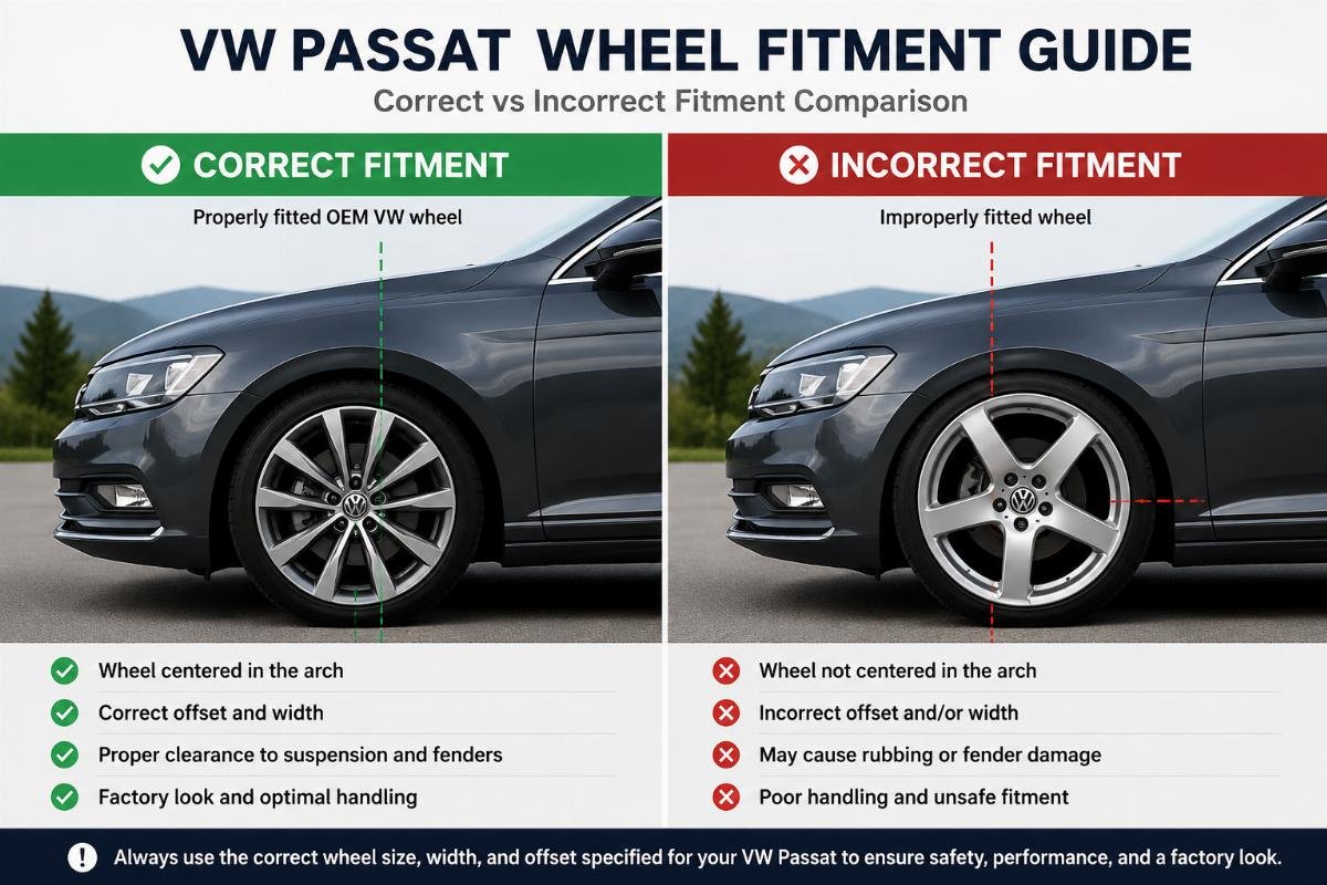 Side-by-side comparison of correctly and incorrectly fitted VW wheels on a Passat model