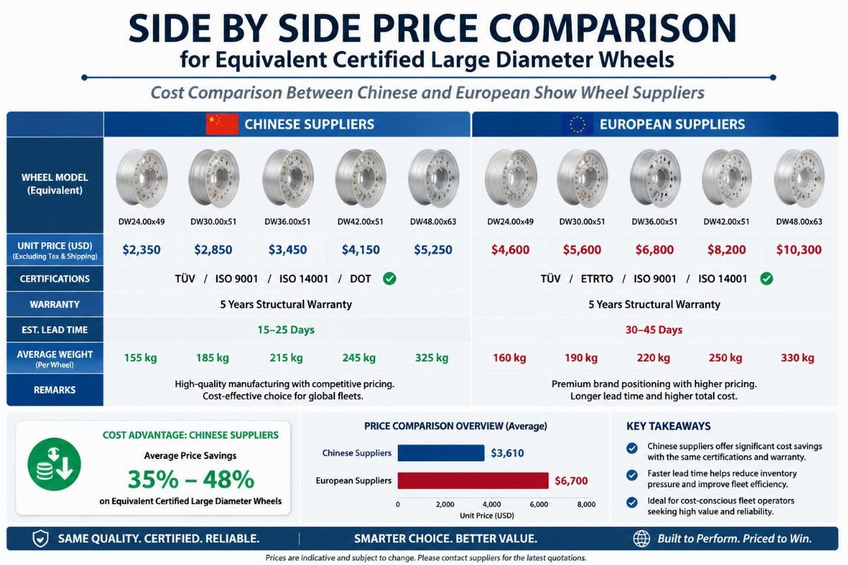 cost comparison between Chinese and European show wheel suppliers Side by side price comparison chart for equivalent certified large diameter wheels