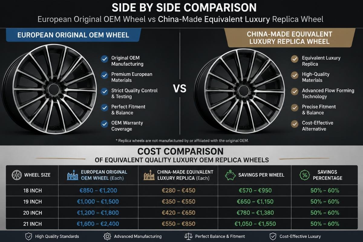 Cost comparison of equivalent quality luxury OEM replica wheels Side by side comparison of a European original OEM wheel and a China-made equivalent luxury replica wheel