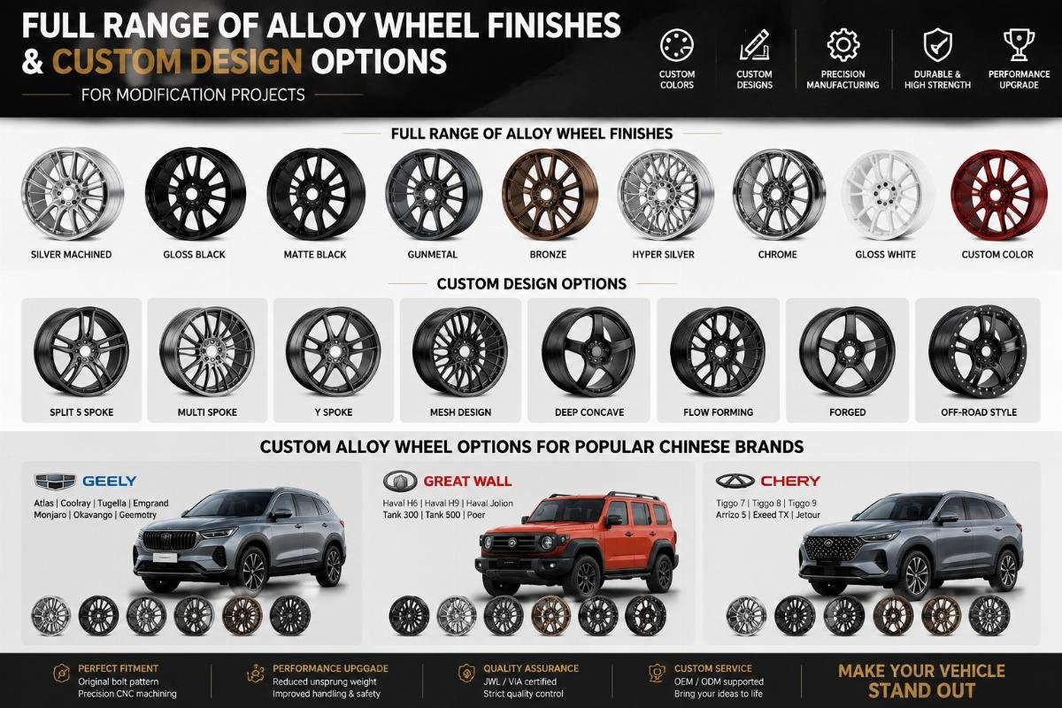 Full range of alloy wheel finishes and custom design options for modification projects