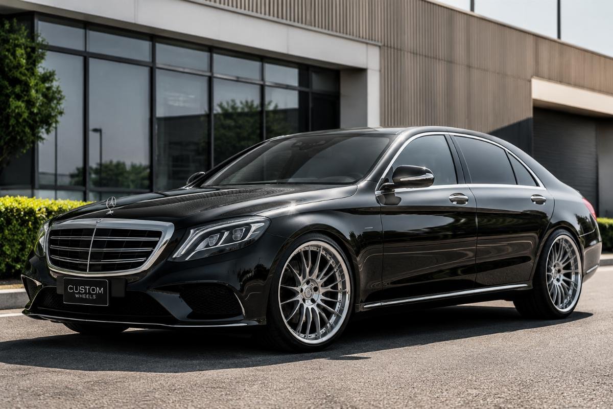 Finished custom multi-spoke luxury wheels mounted on a high-end sedan for testing