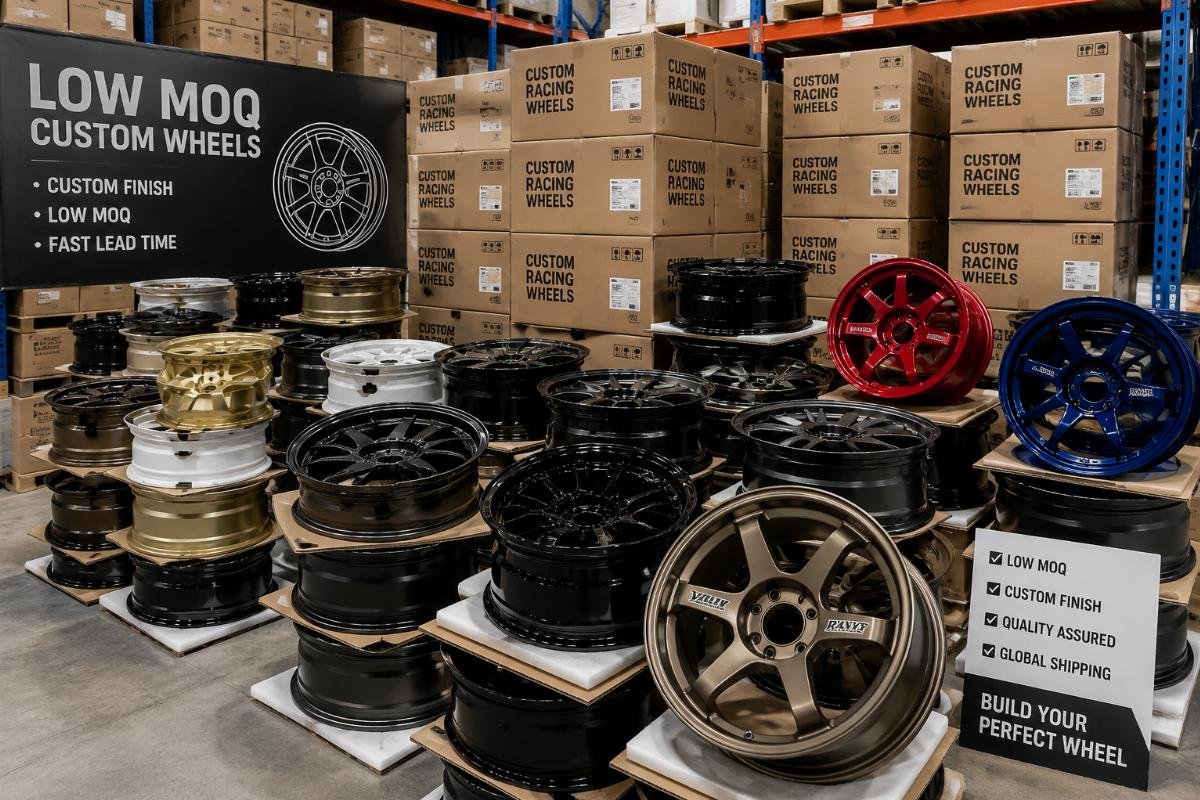 Low-MOQ custom finished racing wheels stacked in a warehouse