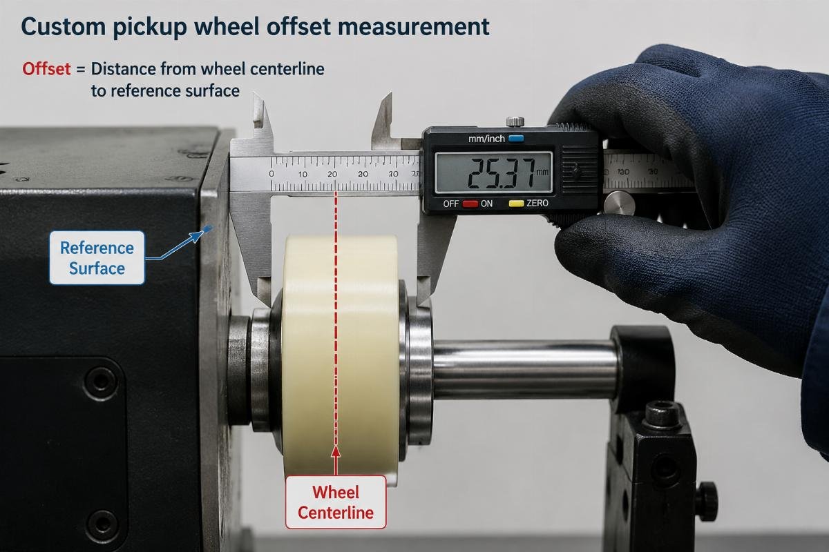 A technician measuring the offset of a pickup wheel with digital calipers