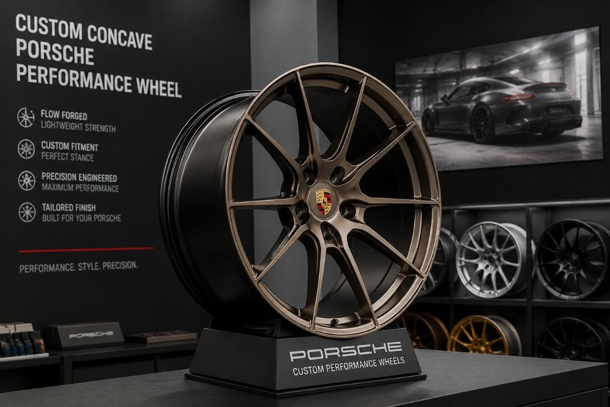 Custom Porsche performance wheel for modification shops Custom concave Porsche performance wheel on display stand