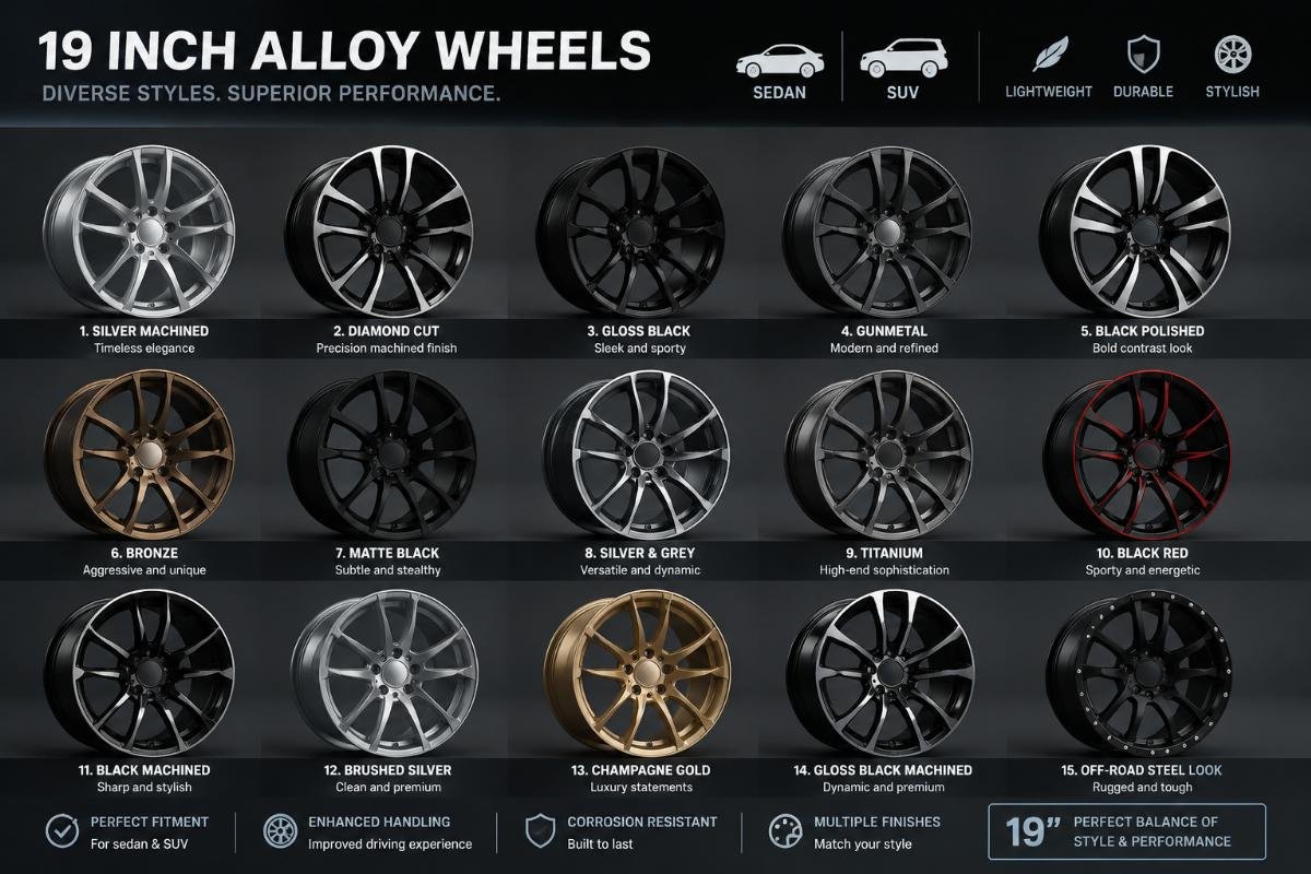 Variety of 19 inch alloy wheels in different finishes for sedan and SUV applications