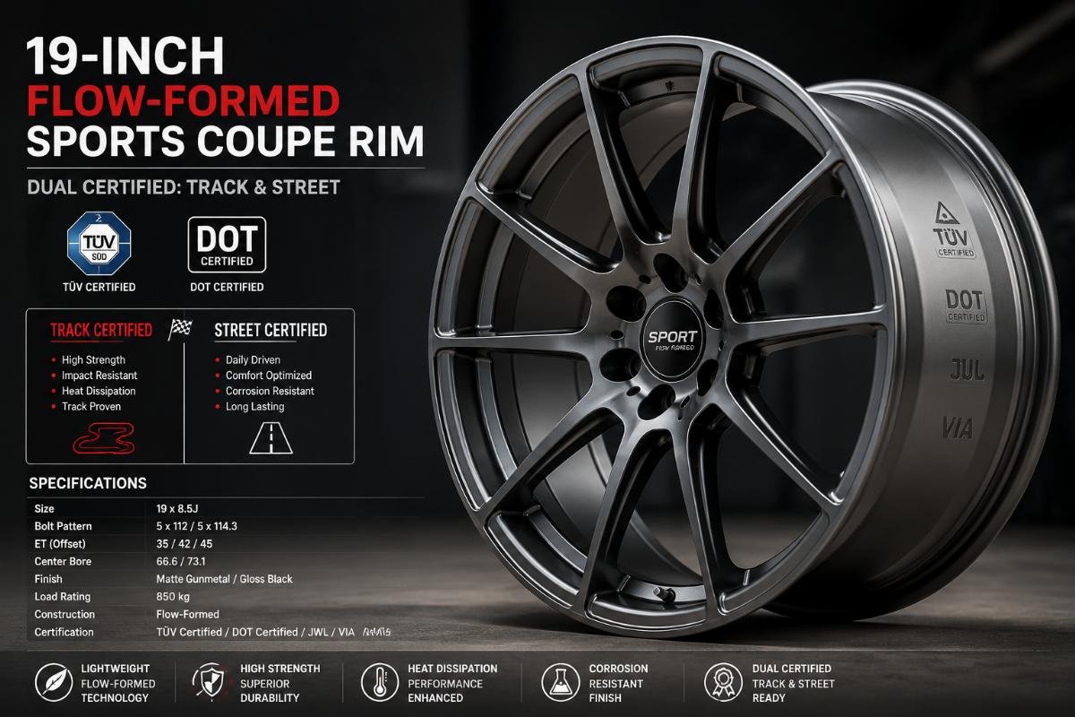 19-inch flow-formed sports coupe rim with TüV and DOT certification stamps visible on the inner barrel